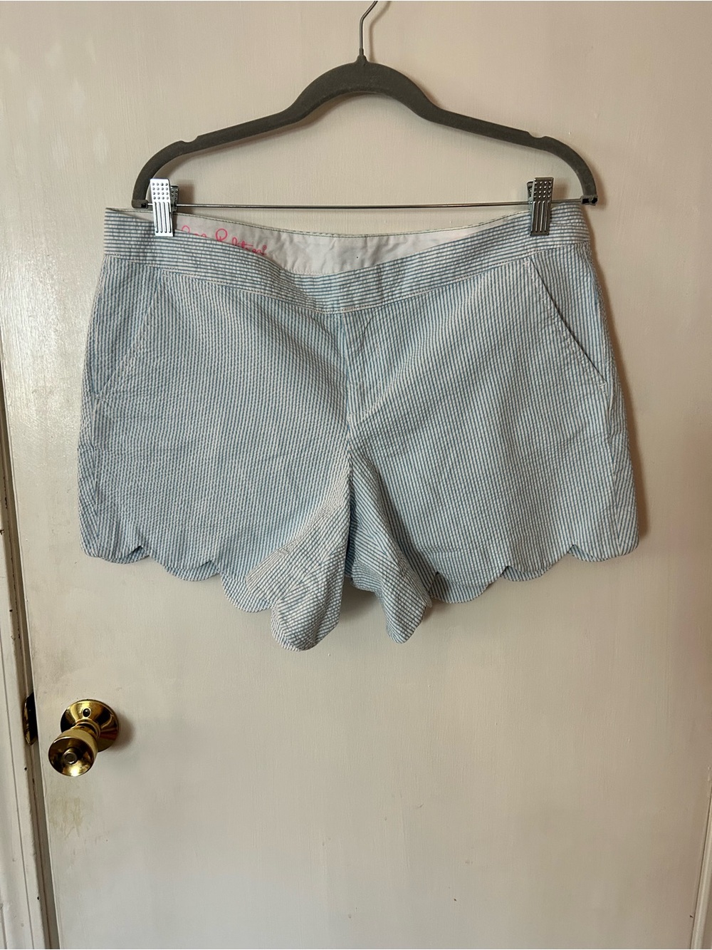 Lilly Pulitzer Light Blue Seersucker Scallop Hem High Waist Shorts